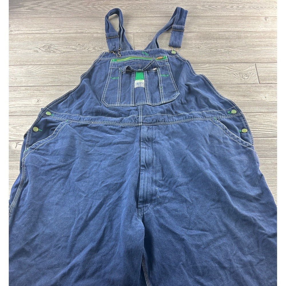 Liberty Mens Denim Bib Overalls Blue Indigo Green Trim Workwear 54x25 Hemmed